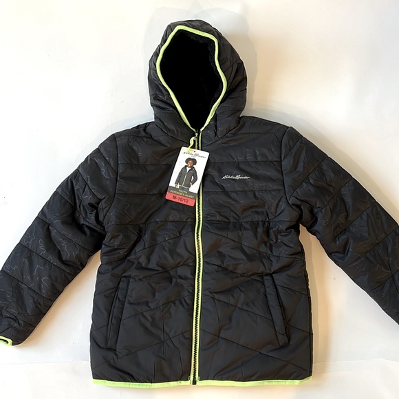 Eddie Bauer Reversible Fuzzy Fleece Jacket Black Neon Yellow Trim Medium 10-12 - Picture 5 of 15